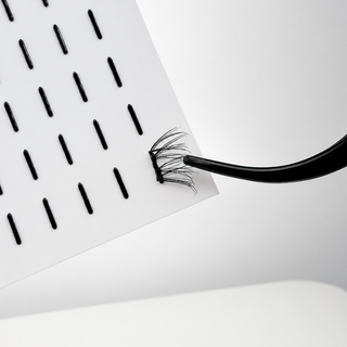 A close-up of false eyelashes being held by a black tweezer against a clean white background with a sliver of a white tray visible.