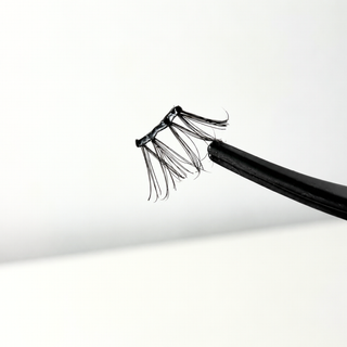 A close-up of a single black eyelash extension held in forceps against a clean white background.