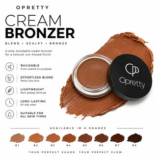 Opretty Cream Bronzer in shade B1, shown in an open jar next to a large cream-colored swatch on a white background with product features and shade options.