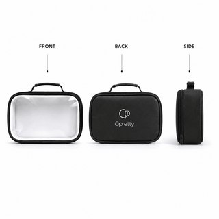 Three views of a black rectangular zippered case labeled FRONT, BACK, and SIDE on a white background. The front view shows a silver reflective interior, the back view shows the white Cpretty logo, and the side view shows the slim profile of the case.