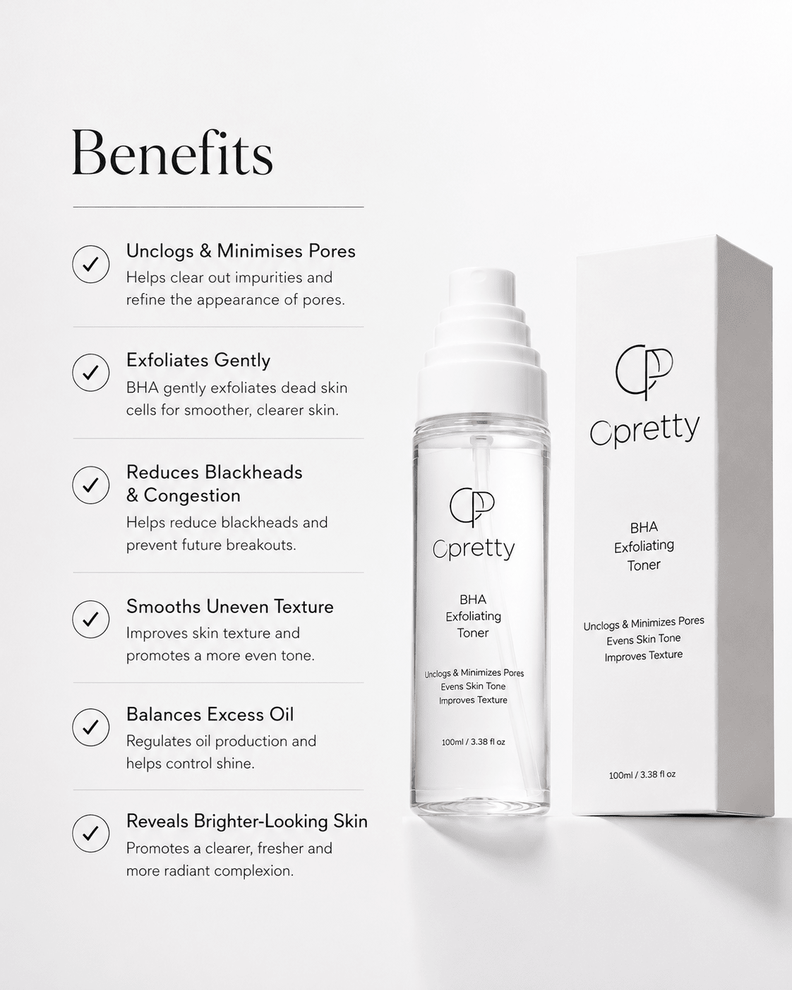 2% BHA Exfoliating Toner for Face - Pore Cleaner and Facial Exfoliator with Salicylic Acid - Opretty