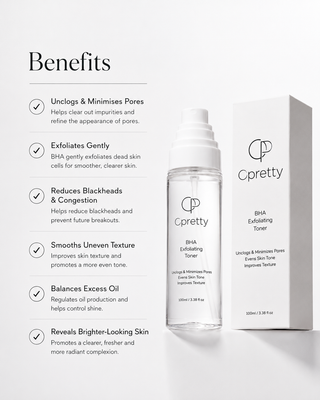Cpretty BHA Exfoliating Toner bottle and its white retail box on a clean white background, with a left-side benefits text panel describing skin benefits.
