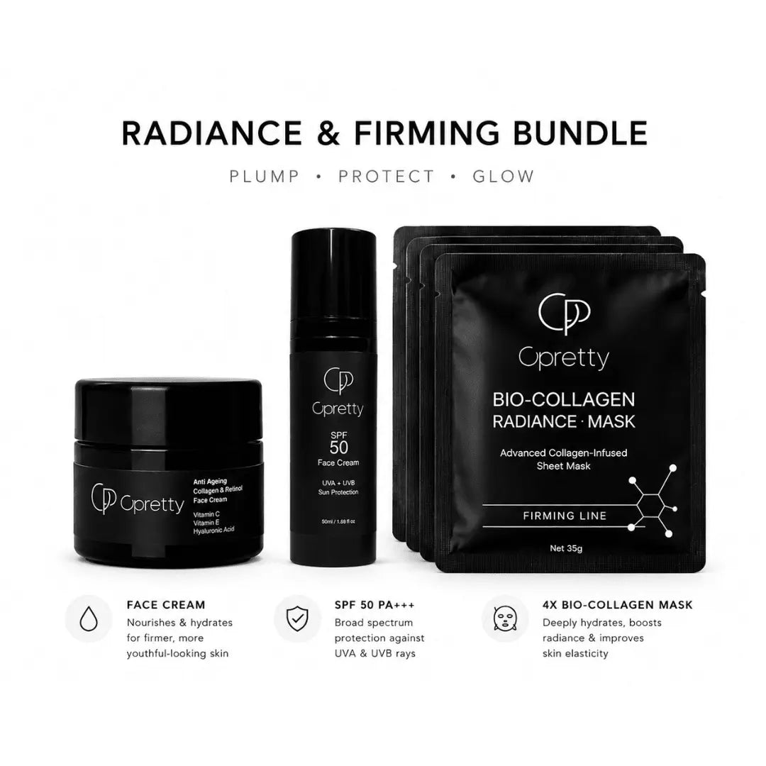 Cpretty skincare product bundle for radiance and firming on a white background