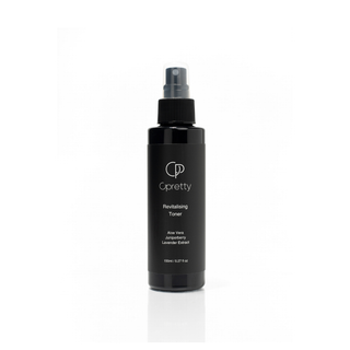 A 100ml black spray bottle of Cpretty Revitalising Toner with Aloe Vera and Lavender Extract, shown on a clean white background with a subtle reflection.