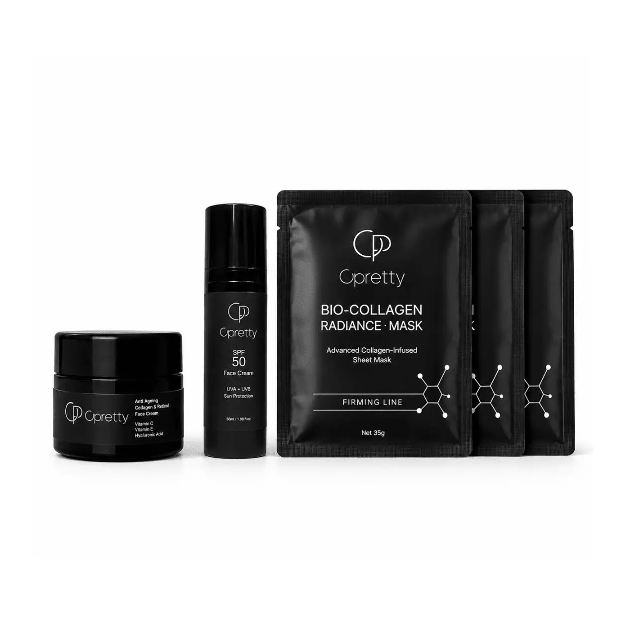 Cpretty skincare products including a cream jar, serum bottle, and face masks on a white background