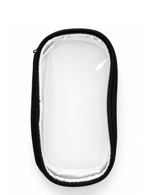 A clear zippered pouch with a black fabric border, shown from a top-down view on a white background.