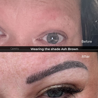 Before-and-after close-up of a person's eyebrow, showing sparse natural brows in the top photo labeled 'Before' and a fuller, filled-in dark ash brown eyebrow in the bottom photo labeled 'After'. Text across the center reads 'Wearing the shade Ash Brown'.