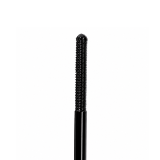 Close-up of a black cosmetic applicator wand tip with a ribbed textured brush surface and a glossy black handle, centered on a plain white background.