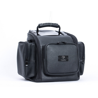 Black carrying case with a handle on a white background