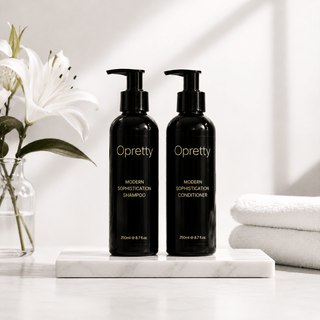 Two black pump bottles of Opretty Modern Sophistication Shampoo and Conditioner displayed on a white marble slab, with white lilies and folded towels in a bright, clean setting.