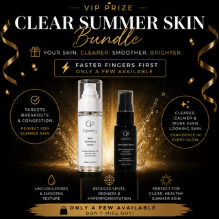 Promotional graphic for a 'Clear Summer Skin Bundle' featuring two Cpretty skincare products: a white bottle of Blemishing Liquid and a black bottle of Aloe Spot Serum, set against a dark gold background with golden ribbons and text overlays.